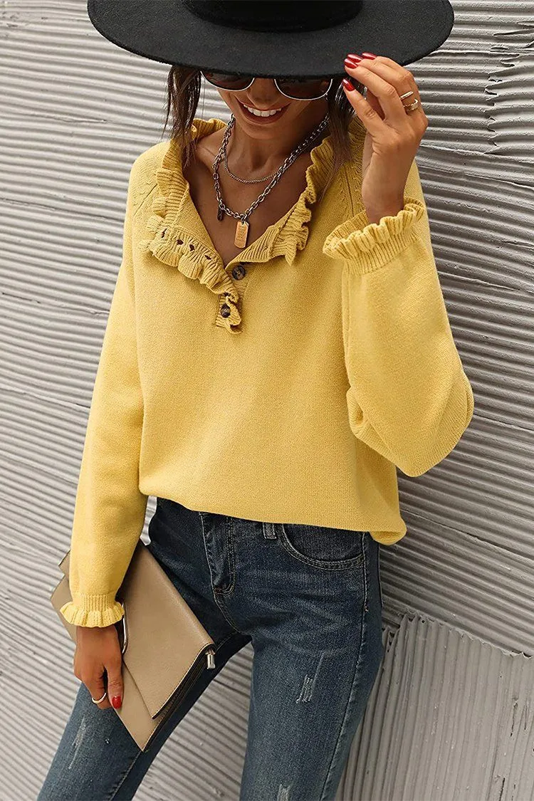 Long Sleeve Button Down Ruffle Knit Pullover Sweater Tops