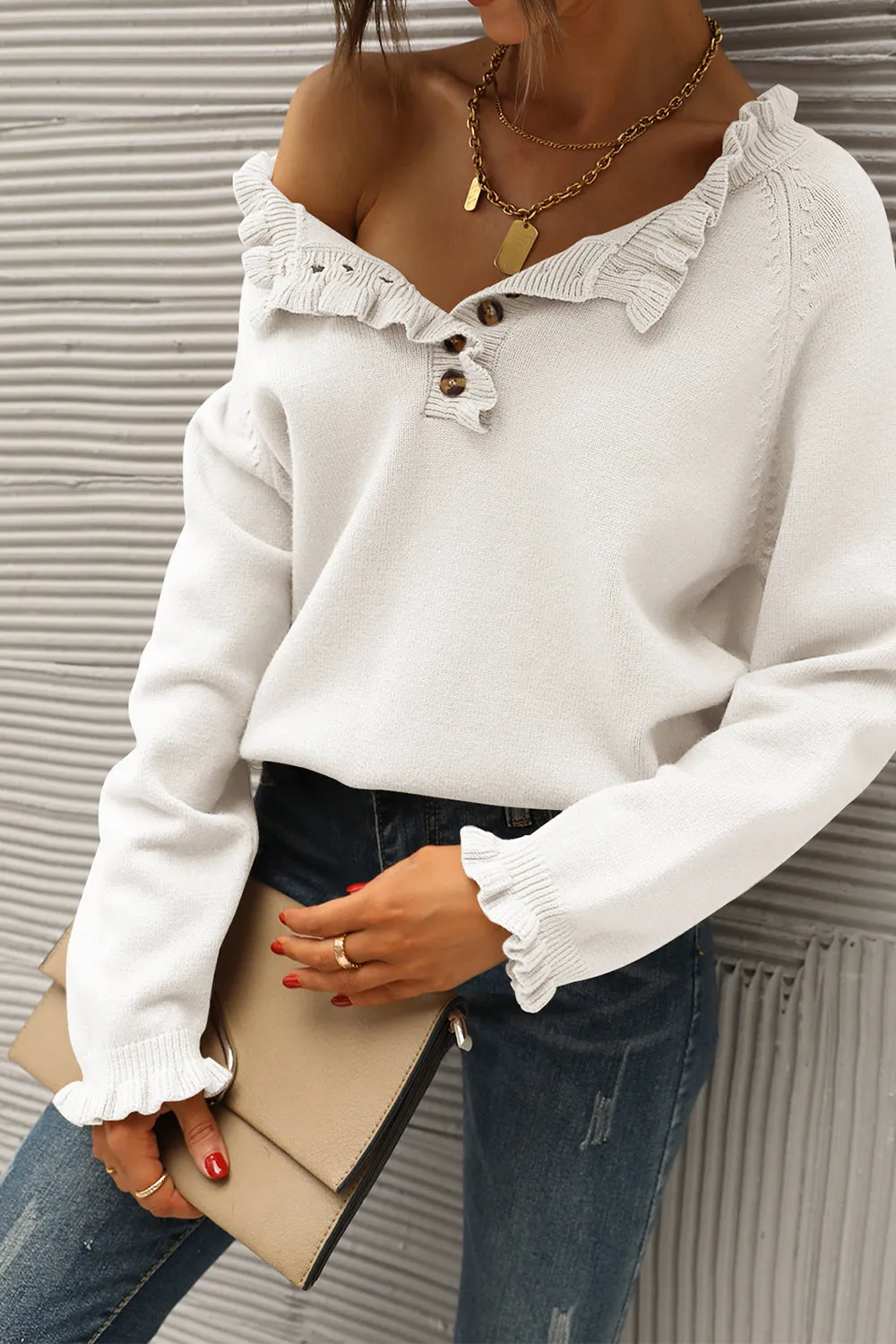 Long Sleeve Button Down Ruffle Knit Pullover Sweater Tops