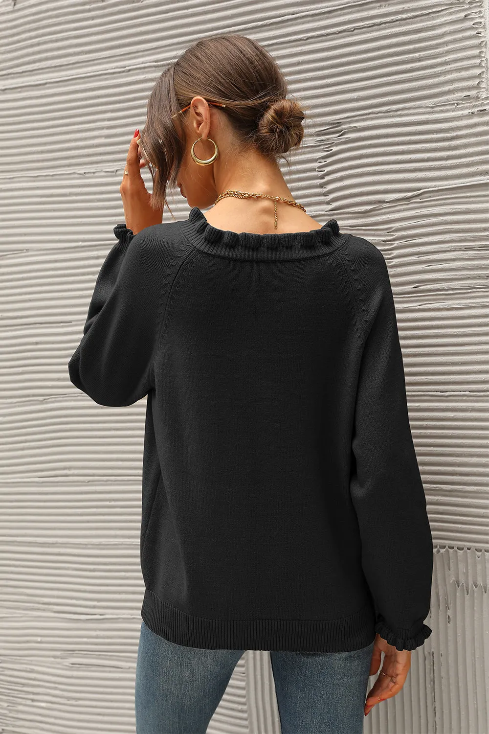 Long Sleeve Button Down Ruffle Knit Pullover Sweater Tops