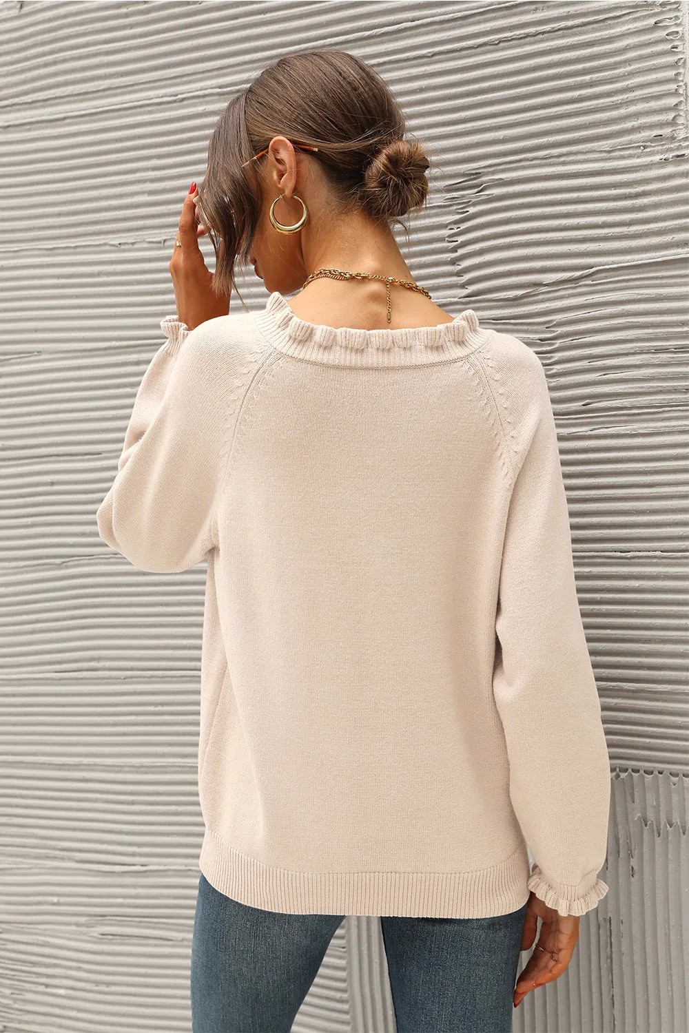 Long Sleeve Button Down Ruffle Knit Pullover Sweater Tops