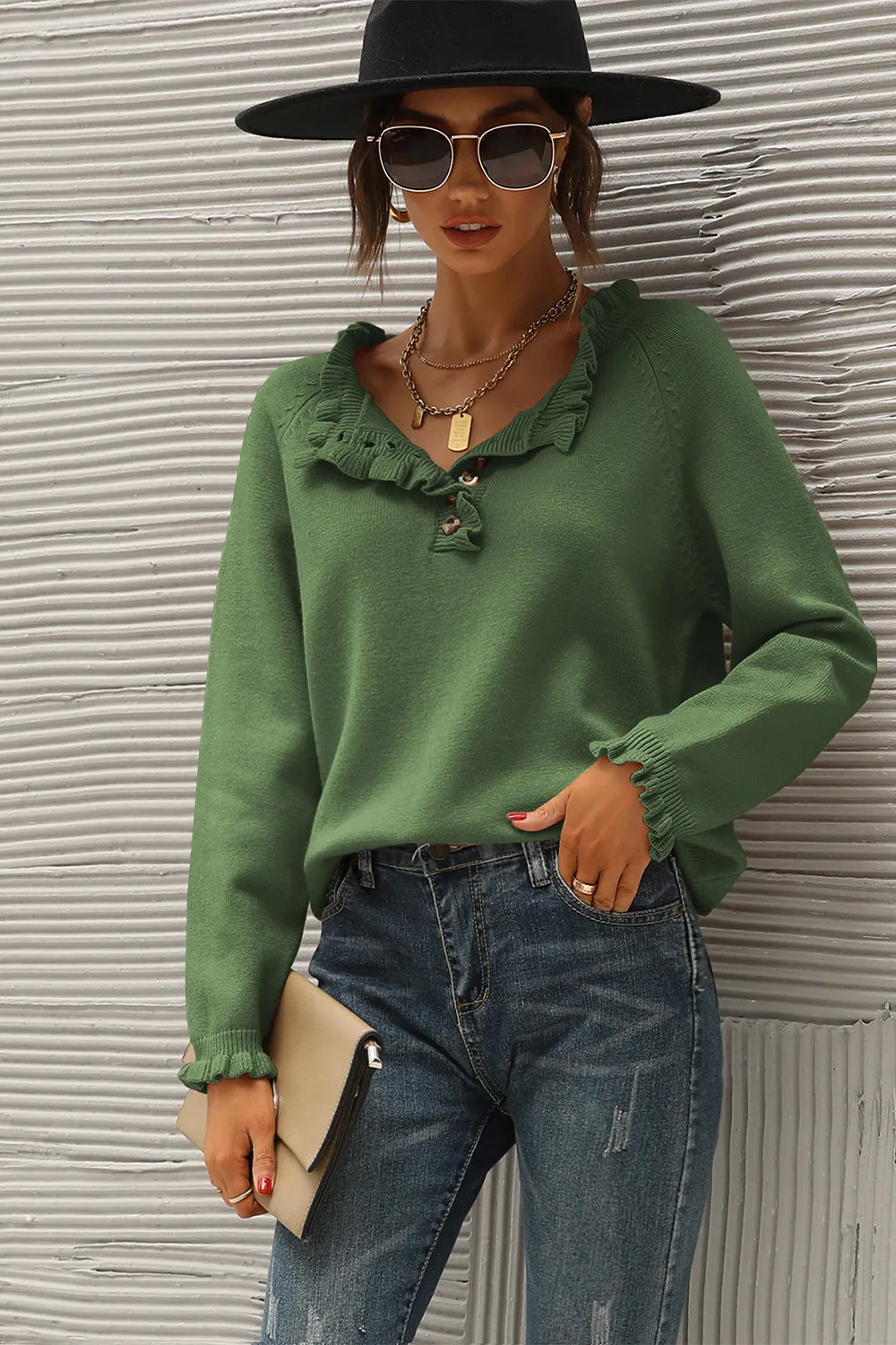 Long Sleeve Button Down Ruffle Knit Pullover Sweater Tops