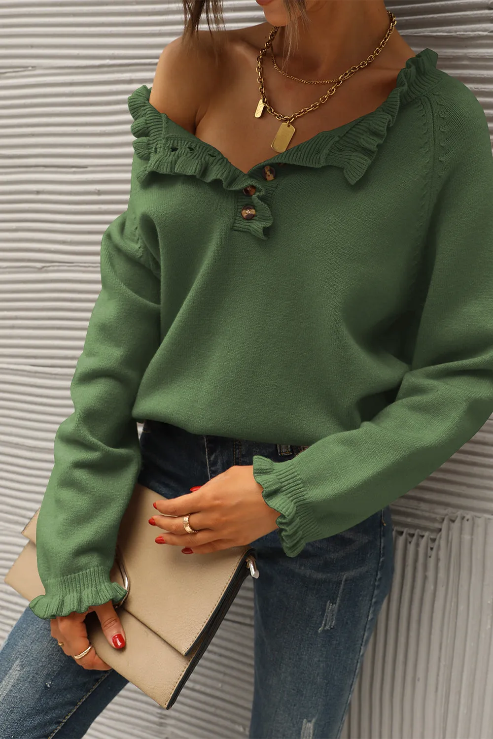 Long Sleeve Button Down Ruffle Knit Pullover Sweater Tops