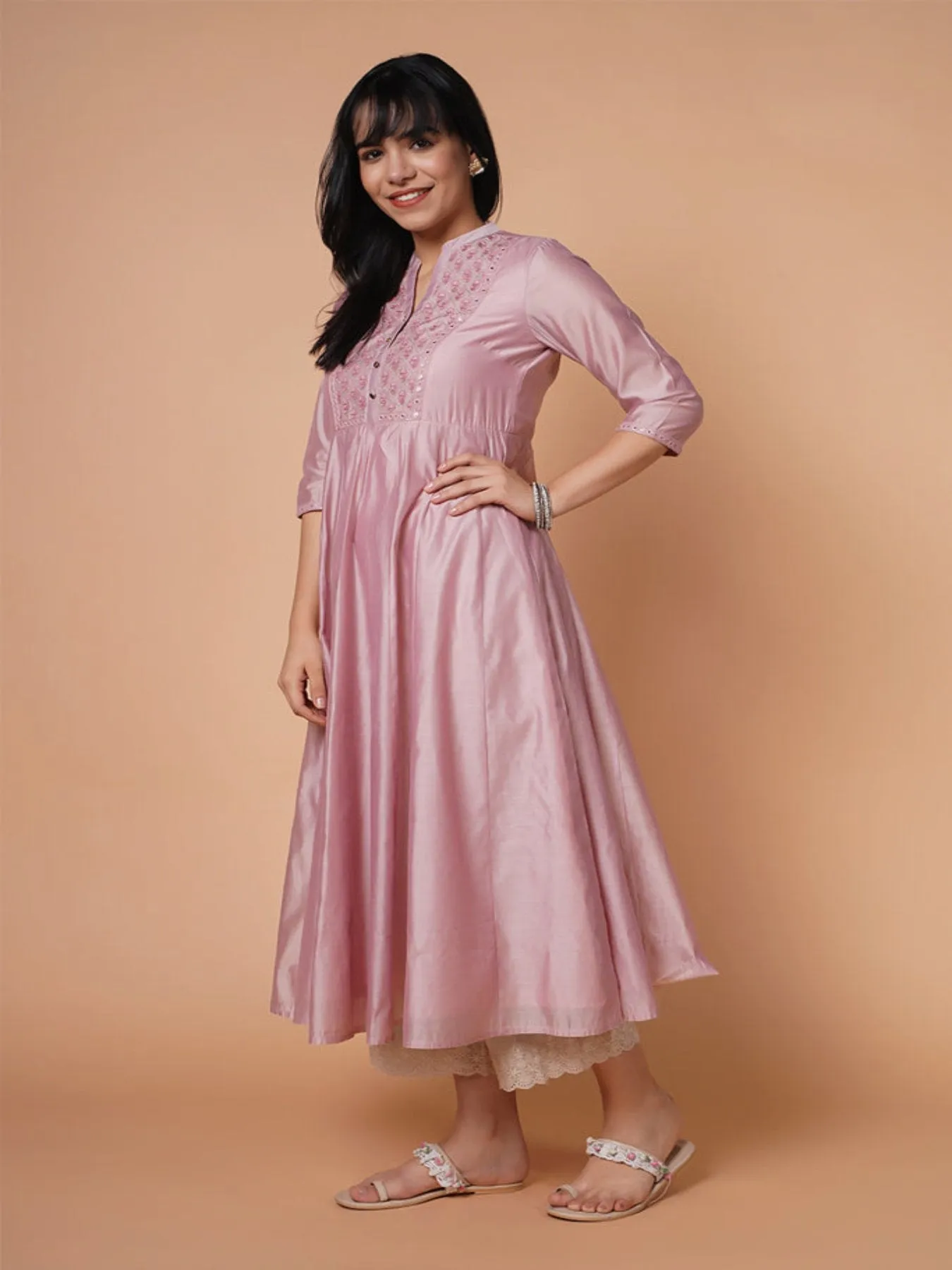 Mature Pink Chanderi Emb Kurta