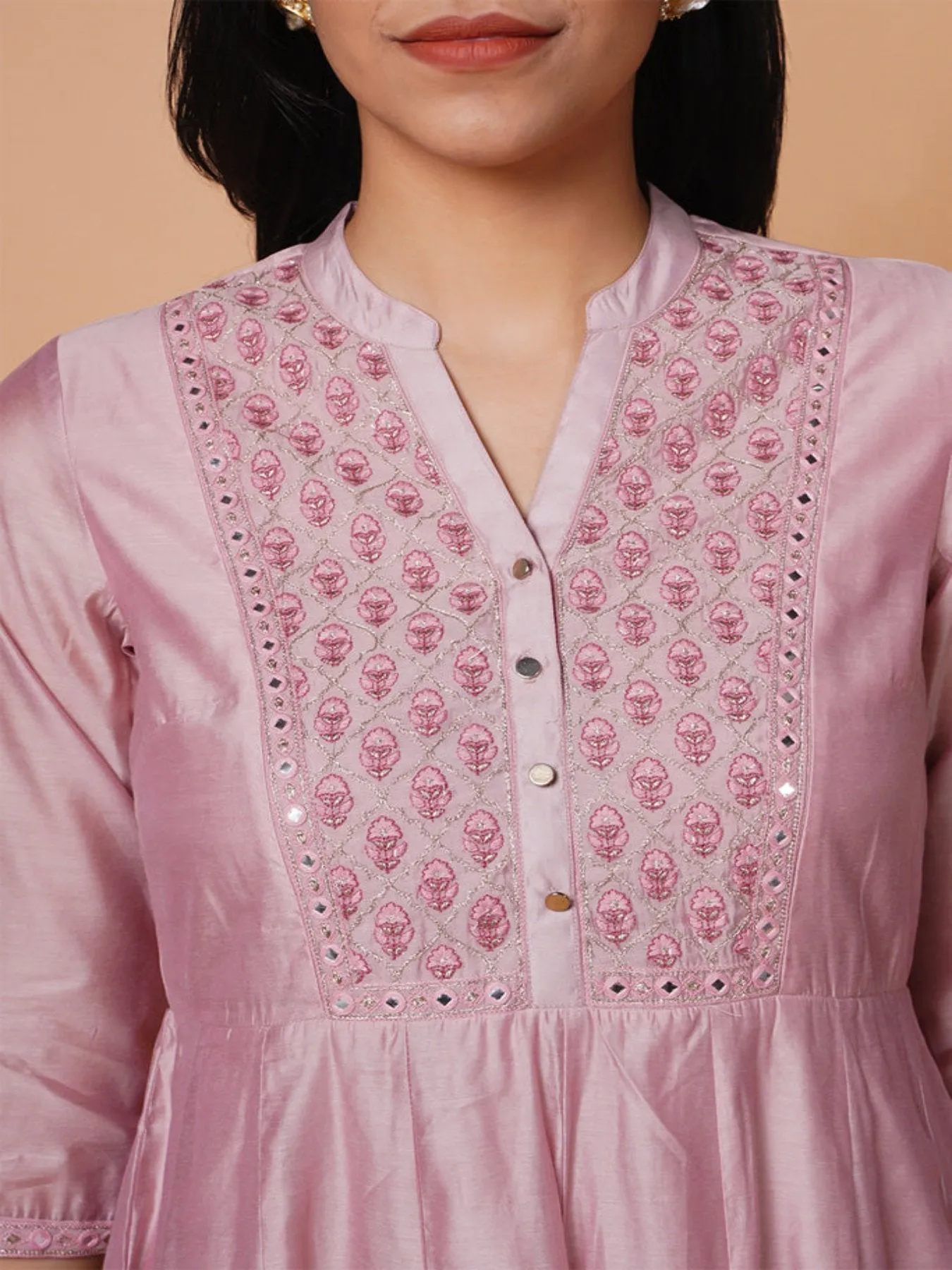 Mature Pink Chanderi Emb Kurta