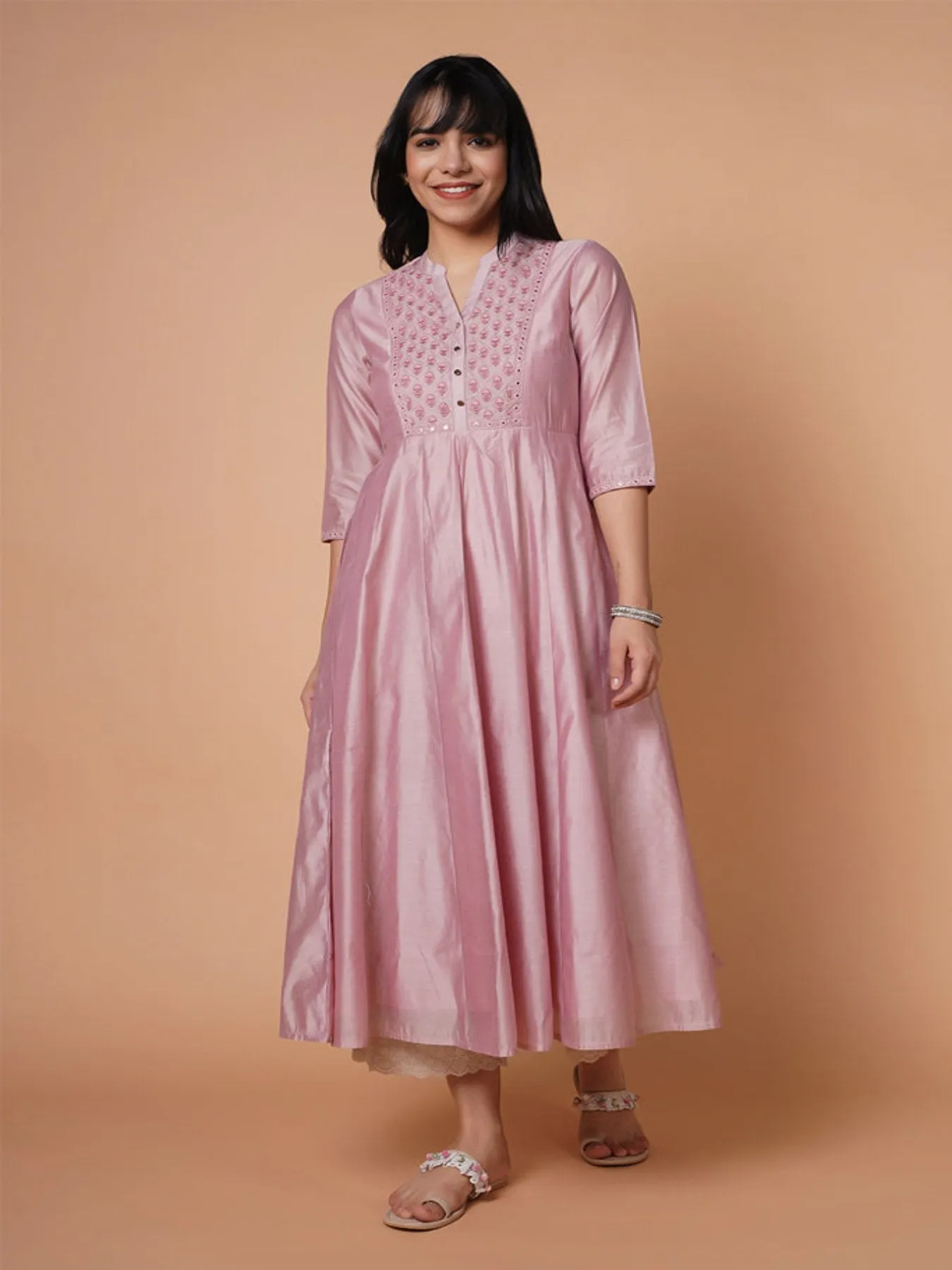 Mature Pink Chanderi Emb Kurta