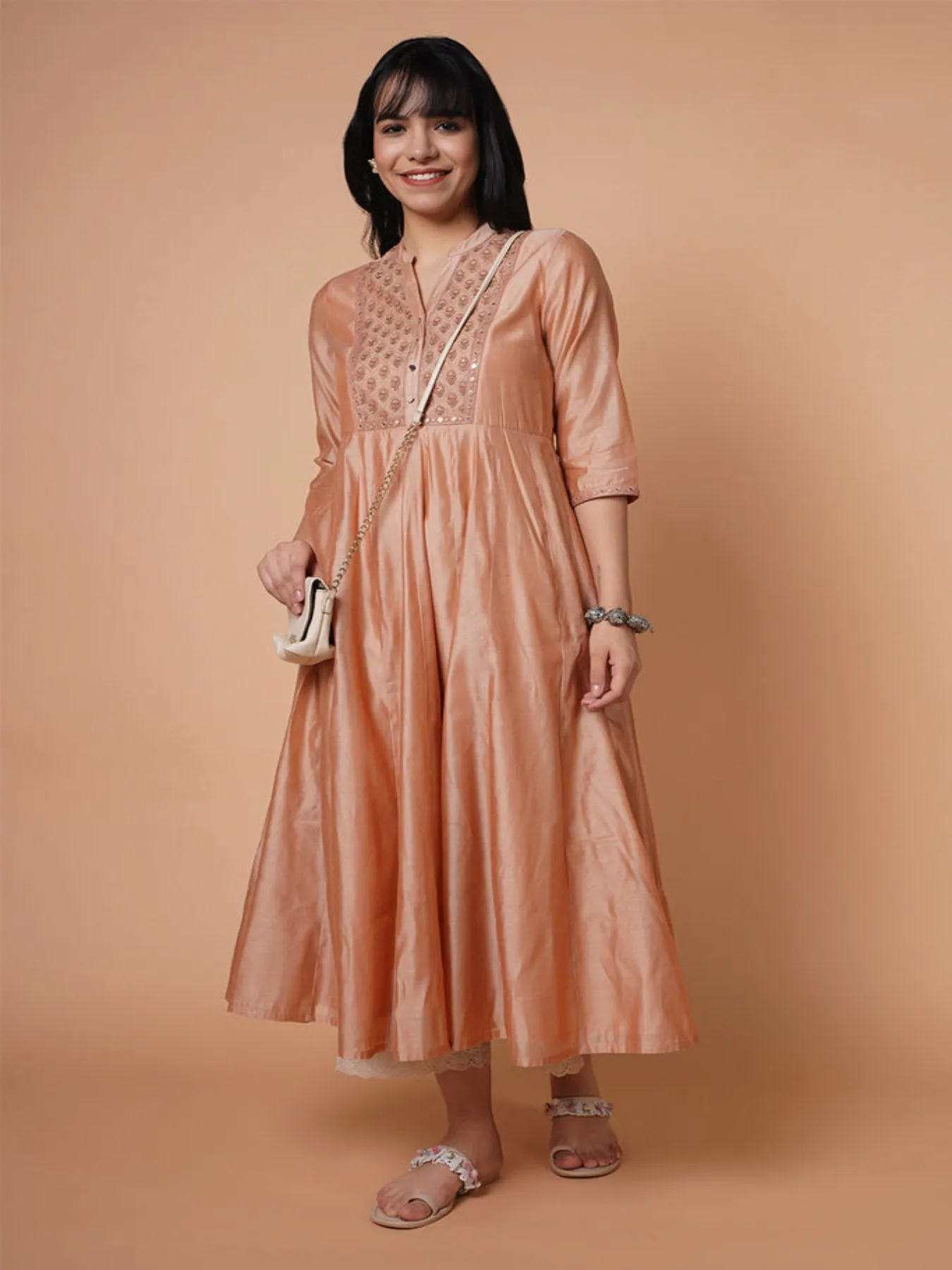 Mature Pink Chanderi Emb Kurta