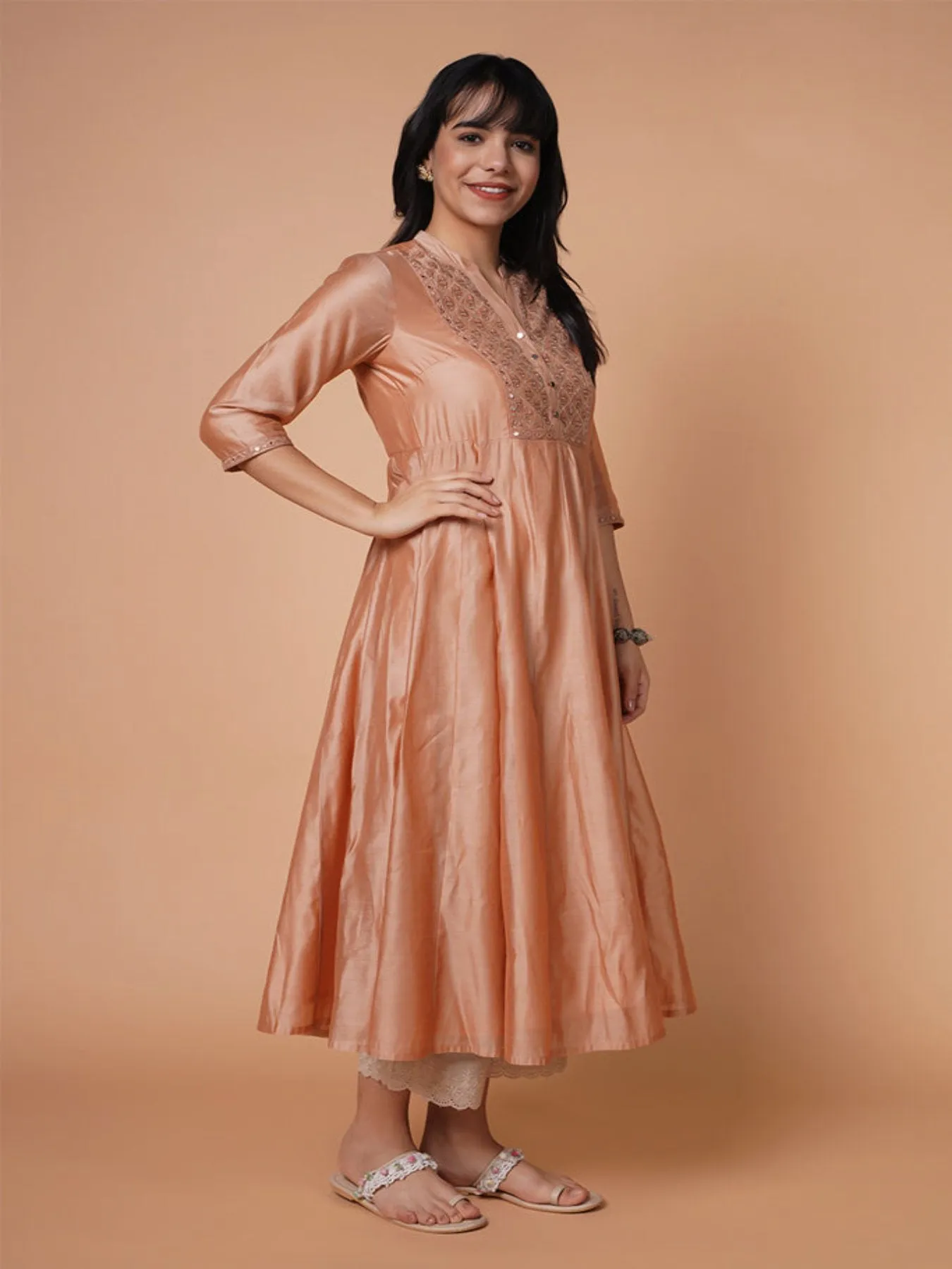 Mature Pink Chanderi Emb Kurta