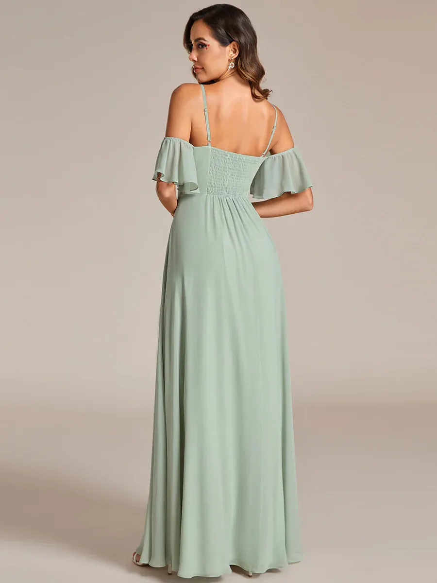 Maxi Long Cold Shoulder Bridesmaid Dresses With Short Sleeves