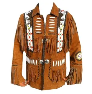 Men Brown Eagle Beads Western Cowboy Suede Leather Tan Jacket, Fringes Jacket