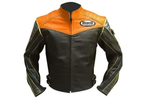 Men Buell Motorcycle Black Tan Leather Jacket Buell Moto Leather Jacket With CE Armour