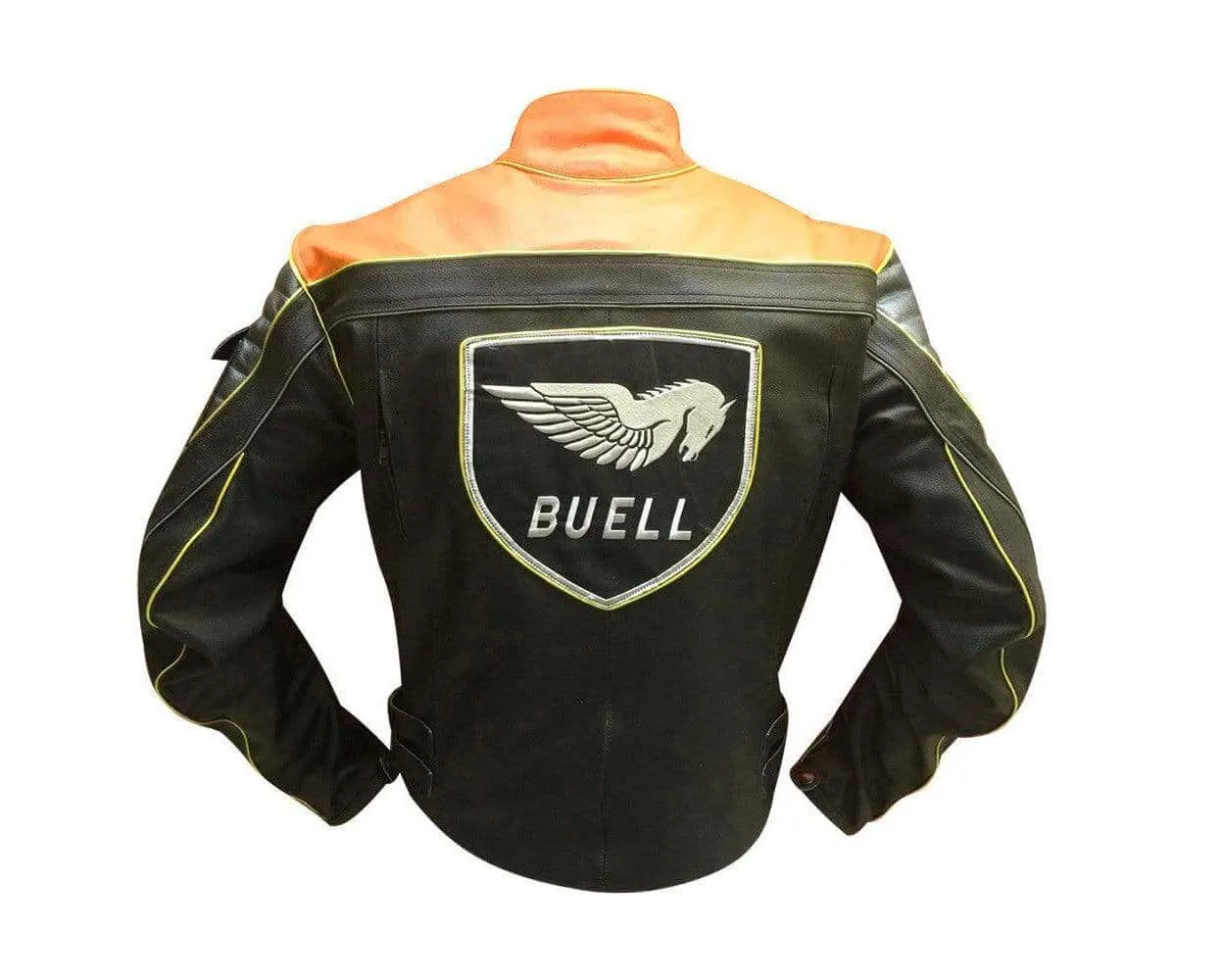 Men Buell Motorcycle Black Tan Leather Jacket Buell Moto Leather Jacket With CE Armour