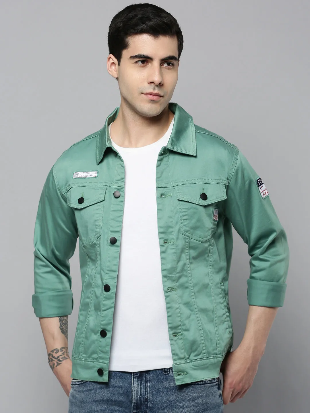 Men Green Solid Casual Jacket