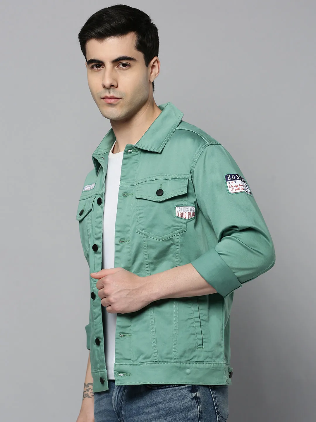 Men Green Solid Casual Jacket