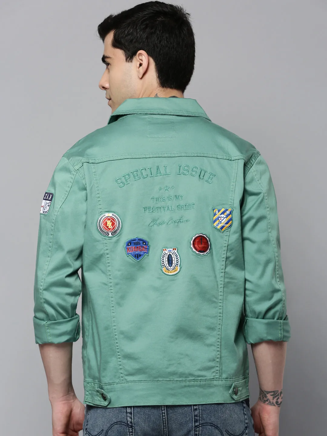 Men Green Solid Casual Jacket