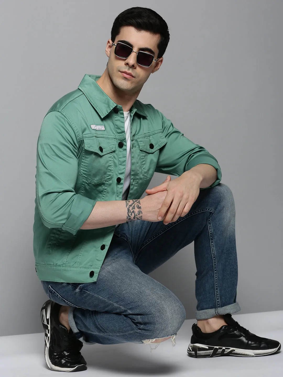 Men Green Solid Casual Jacket