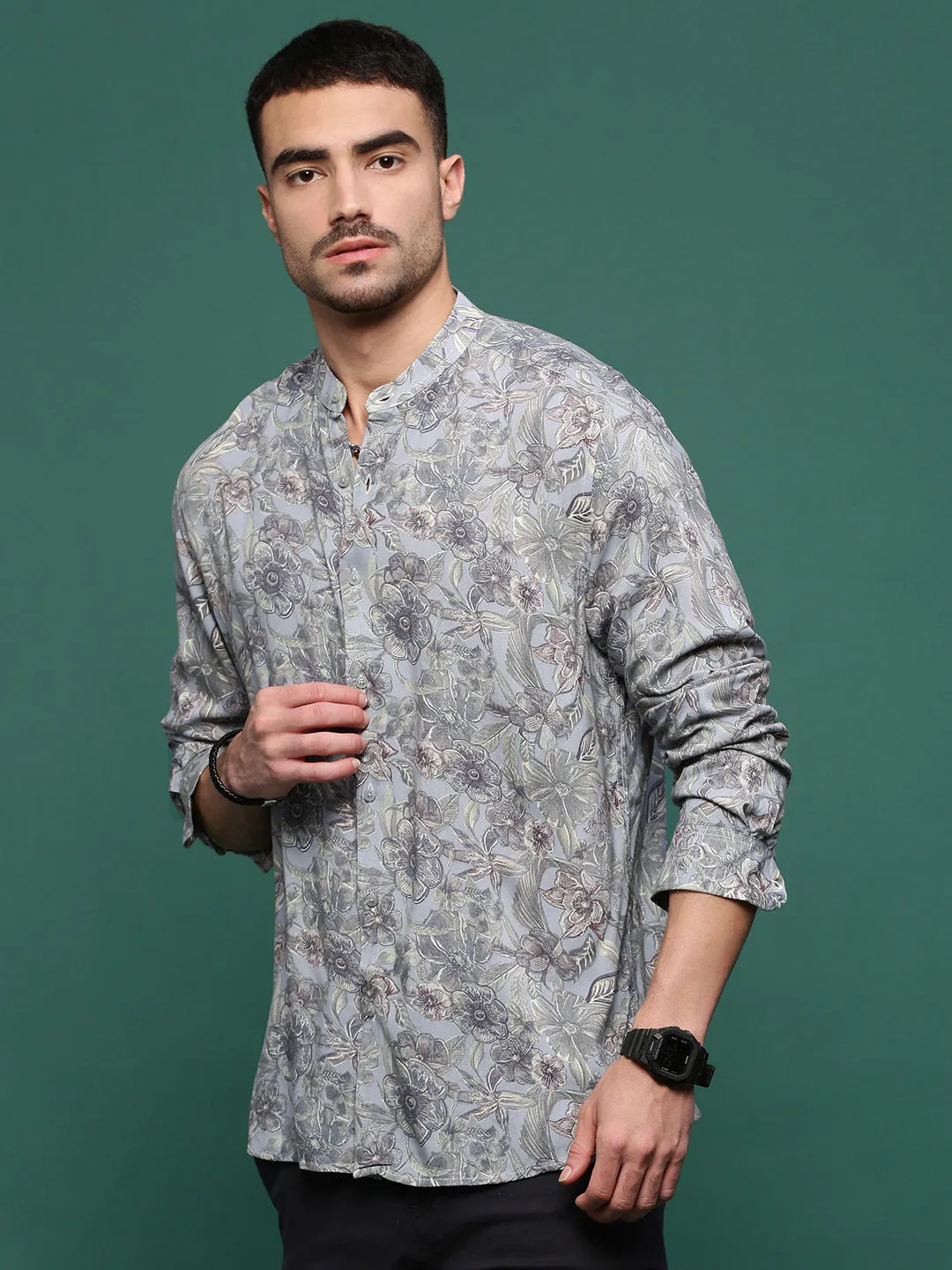 Men Grey Floral Slim Fit Shirt