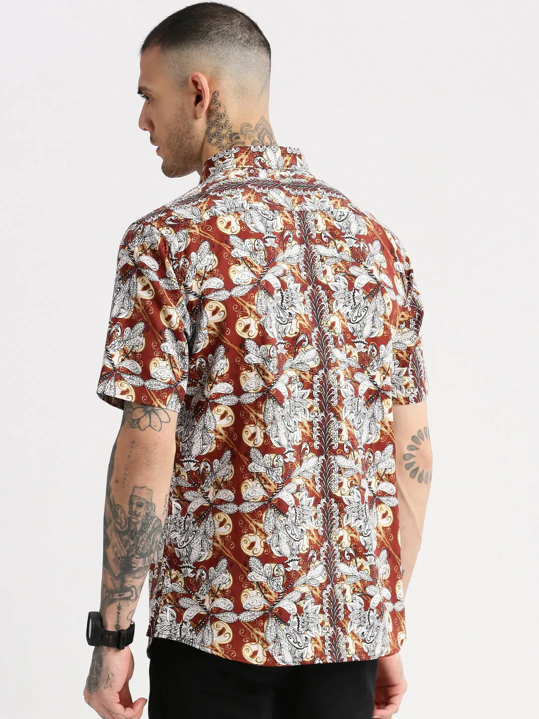 Men Spread Collar Floral Brown Casual Shirt