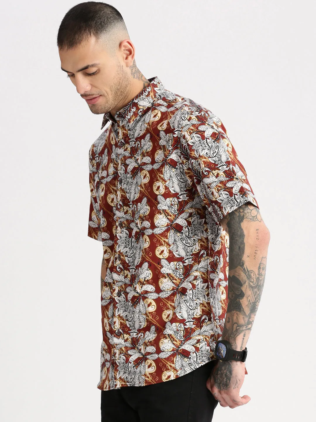 Men Spread Collar Floral Brown Casual Shirt