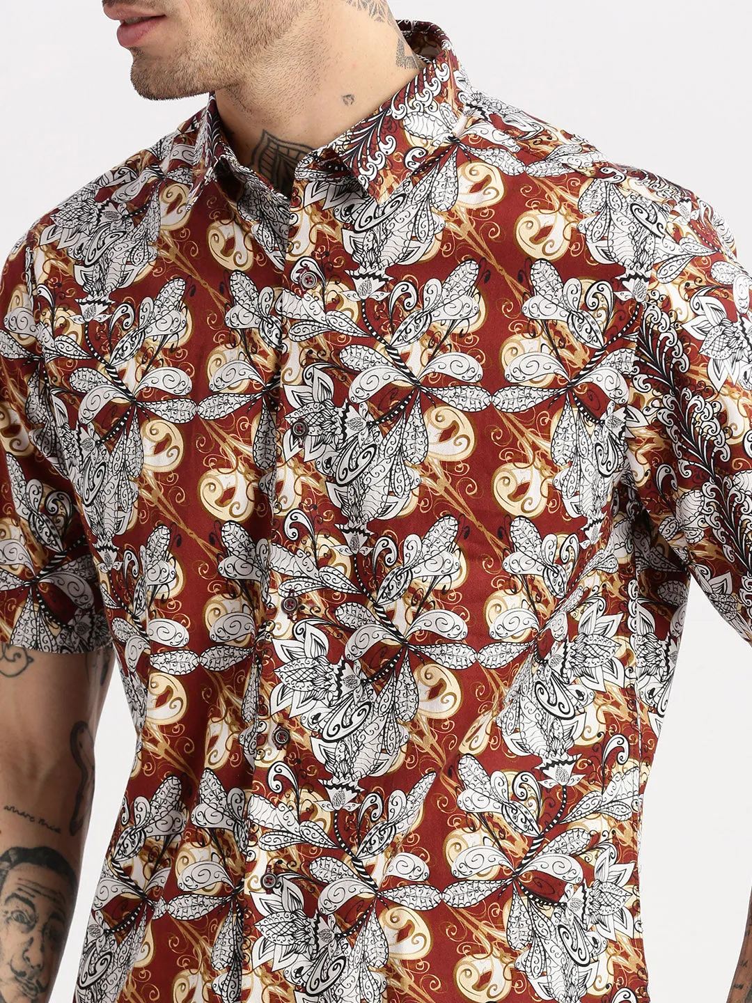 Men Spread Collar Floral Brown Casual Shirt