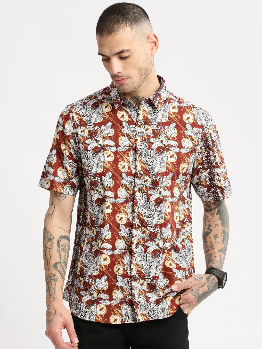 Men Spread Collar Floral Brown Casual Shirt