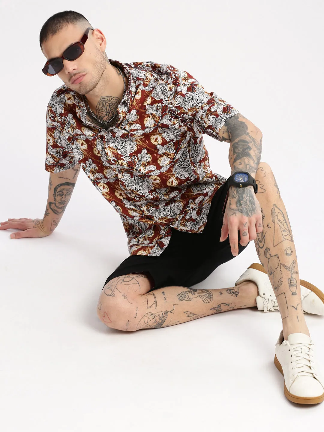 Men Spread Collar Floral Brown Casual Shirt