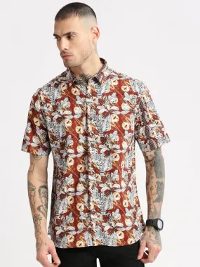 Men Spread Collar Floral Brown Casual Shirt