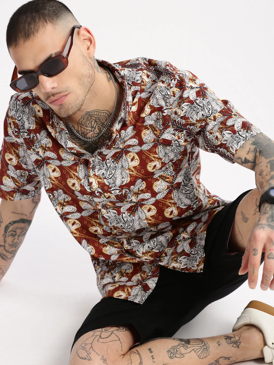 Men Spread Collar Floral Brown Casual Shirt