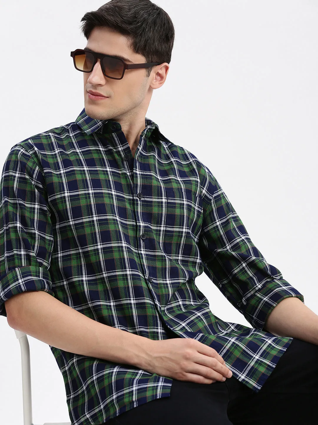 Men Spread Collar Tartan Checks Green Shirt