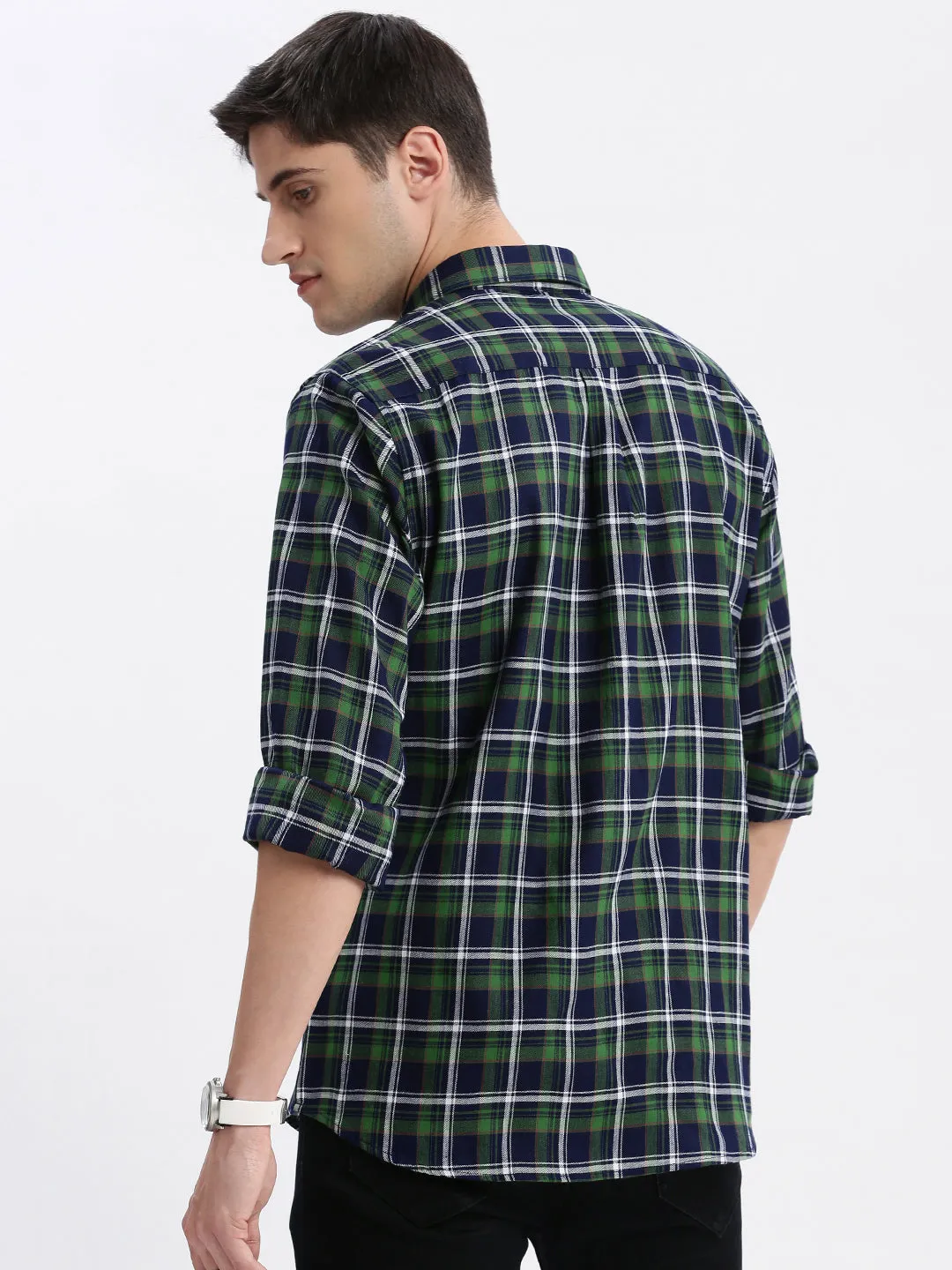 Men Spread Collar Tartan Checks Green Shirt