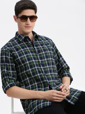 Men Spread Collar Tartan Checks Green Shirt