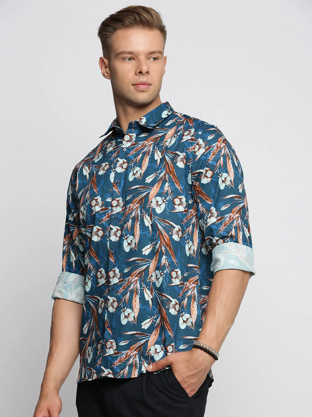 Men Teal Spread Collar Floral Shirt