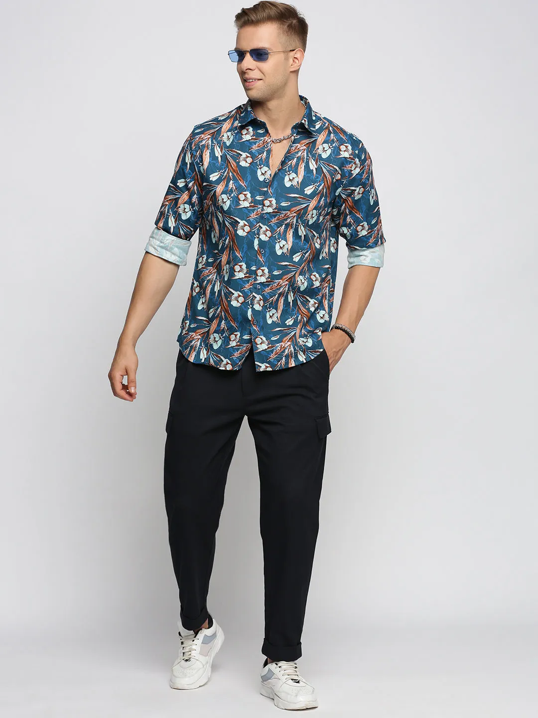 Men Teal Spread Collar Floral Shirt