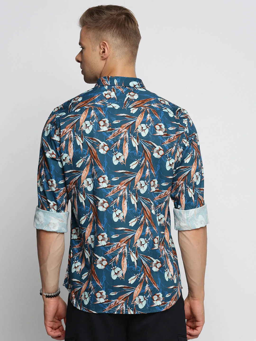 Men Teal Spread Collar Floral Shirt