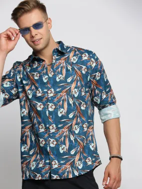 Men Teal Spread Collar Floral Shirt