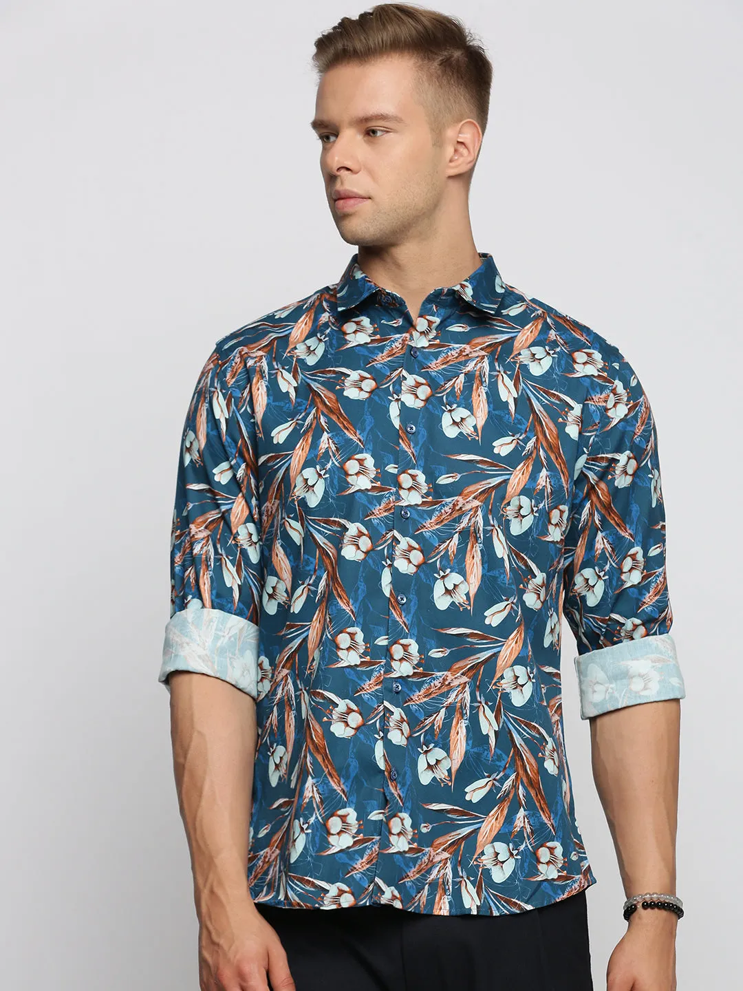 Men Teal Spread Collar Floral Shirt