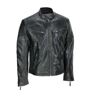 Men's Black Vintage Biker Style Waxed Sheep Skin Fashion Jacket