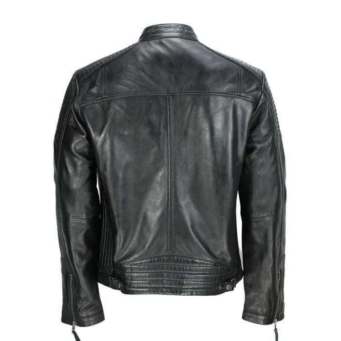 Men's Black Vintage Biker Style Waxed Sheep Skin Fashion Jacket