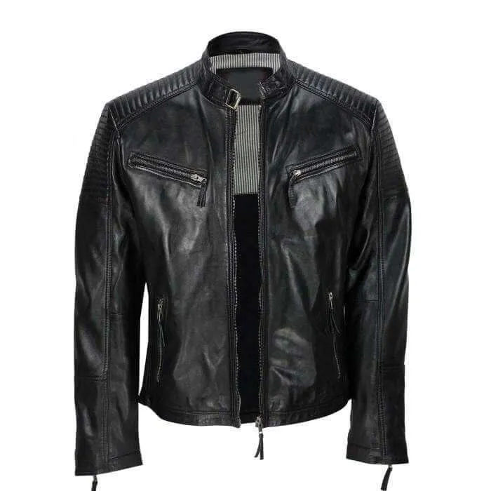 Men's Black Vintage Biker Style Waxed Sheep Skin Fashion Jacket