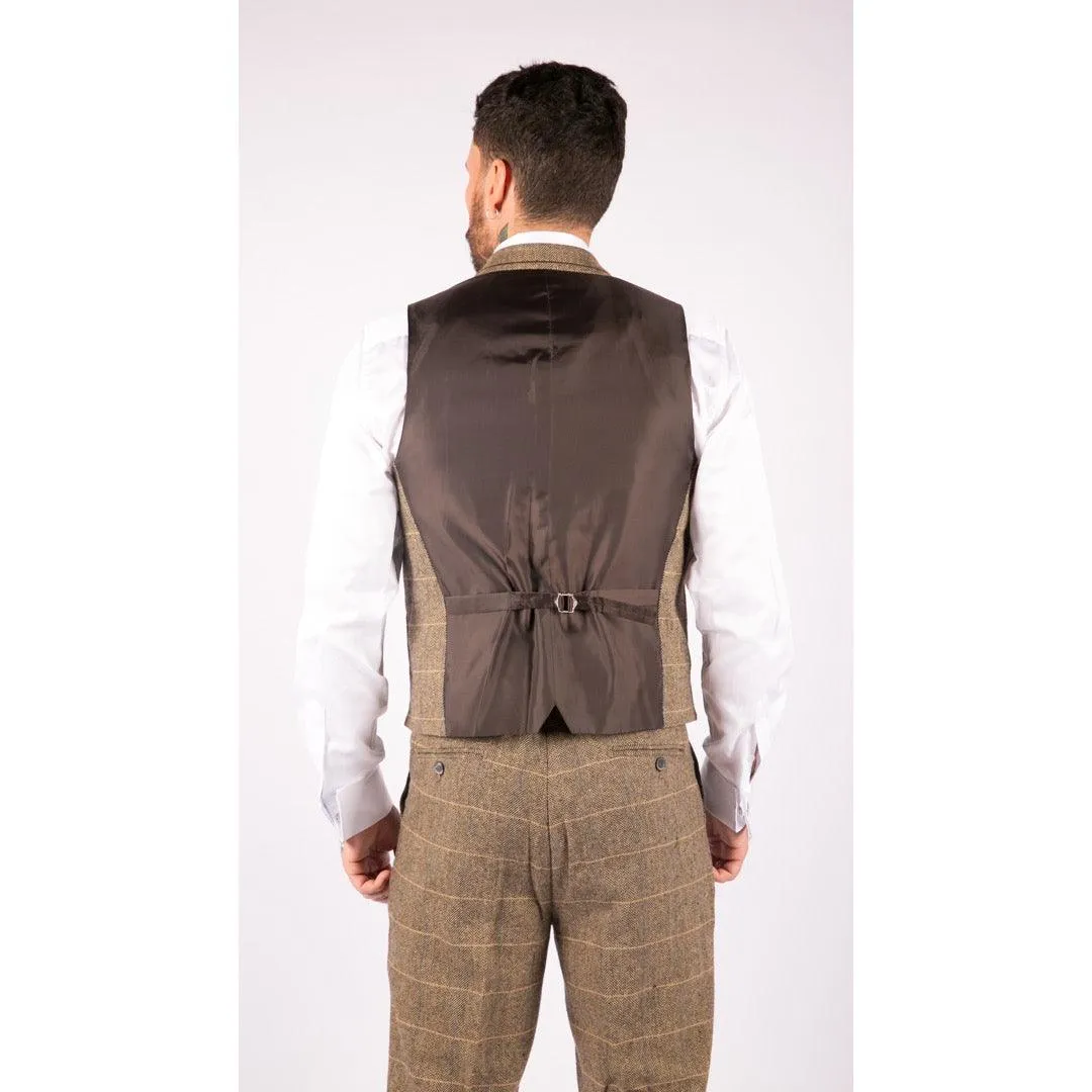 Mens Classic Tweed Herringbone Check Brown Grey Slim Fit Vintage Waistcoat Gilet