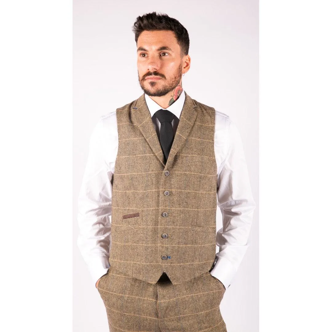 Mens Classic Tweed Herringbone Check Brown Grey Slim Fit Vintage Waistcoat Gilet