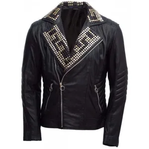 Men's Magnificent Leather Jacket with Black Silver Gold Contrast Studs