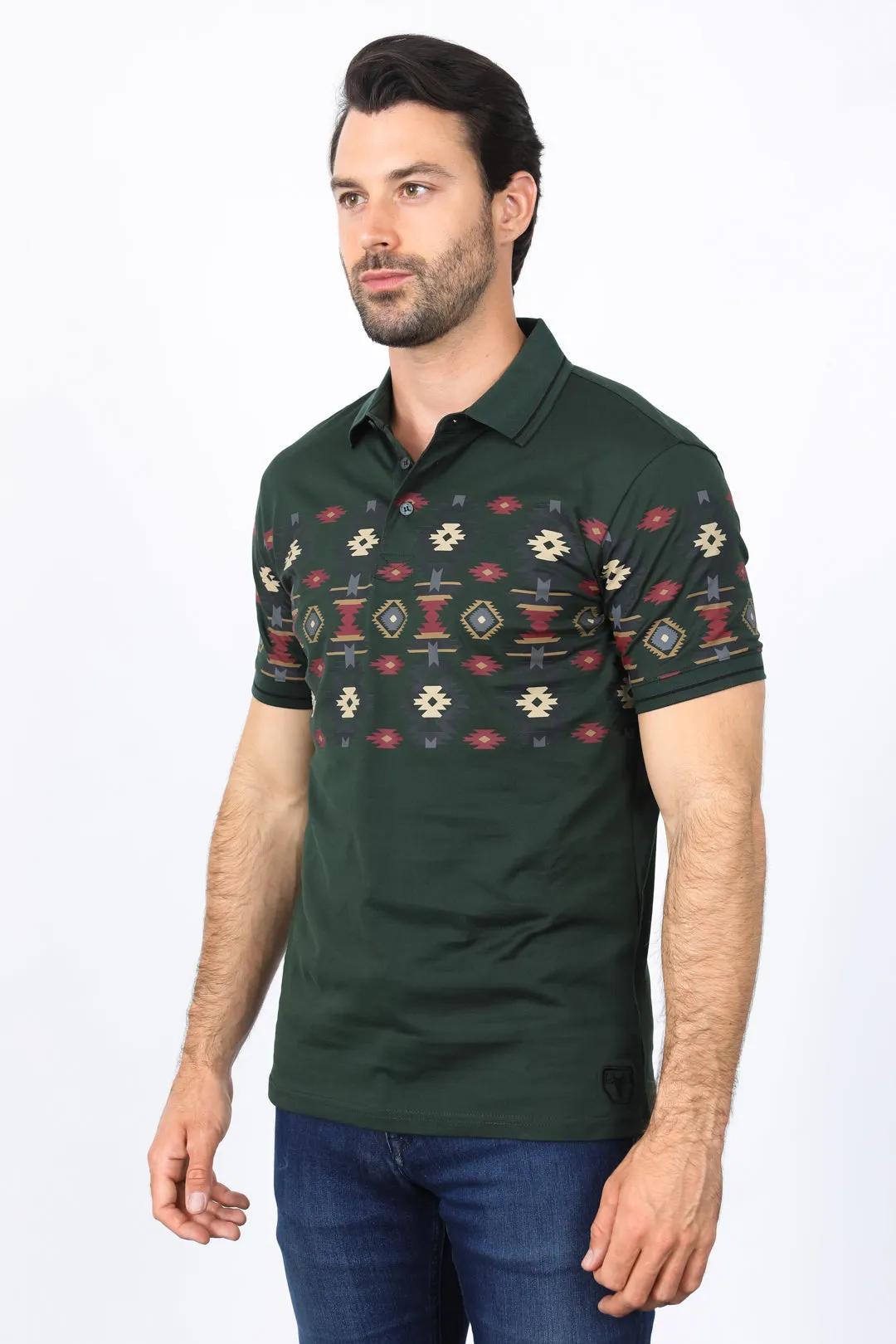 Mens Modern Fit Stretch Cotton Aztec Panoramic Print Polo