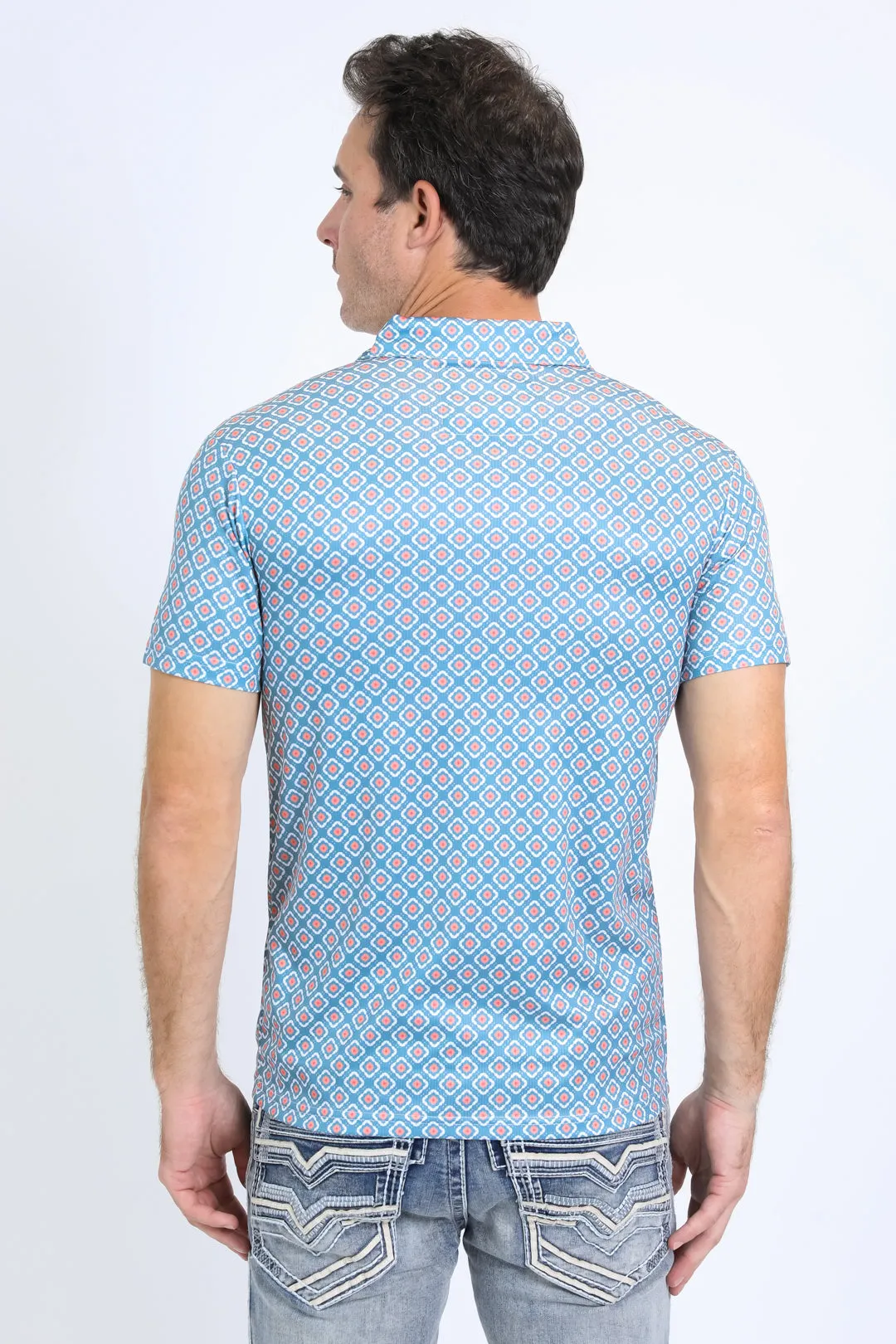 Mens Performance Fabric Print Blue Polo