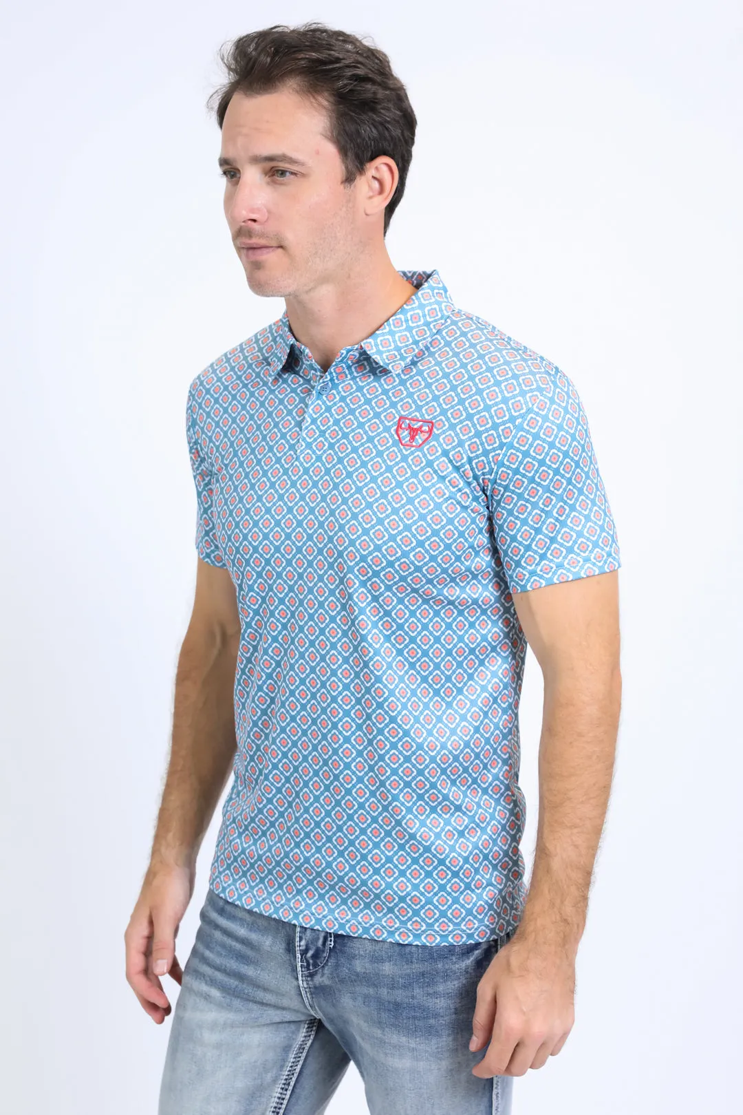 Mens Performance Fabric Print Blue Polo