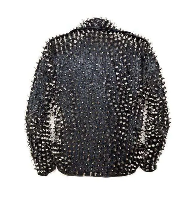 Men's Silver Studded Custom Patches Long Spike Brando Belted Rocker Black Jacket