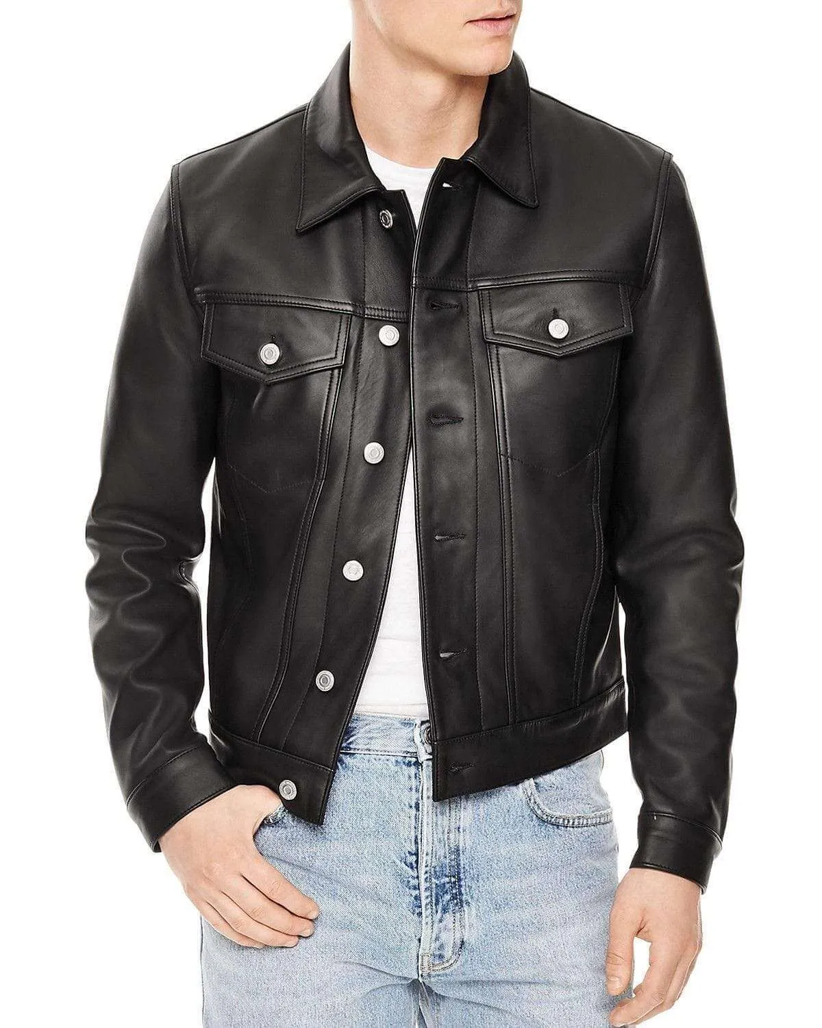 Men's Slim fit Black Trucker Leather Jacket, Men's genuine leather jacket for men's