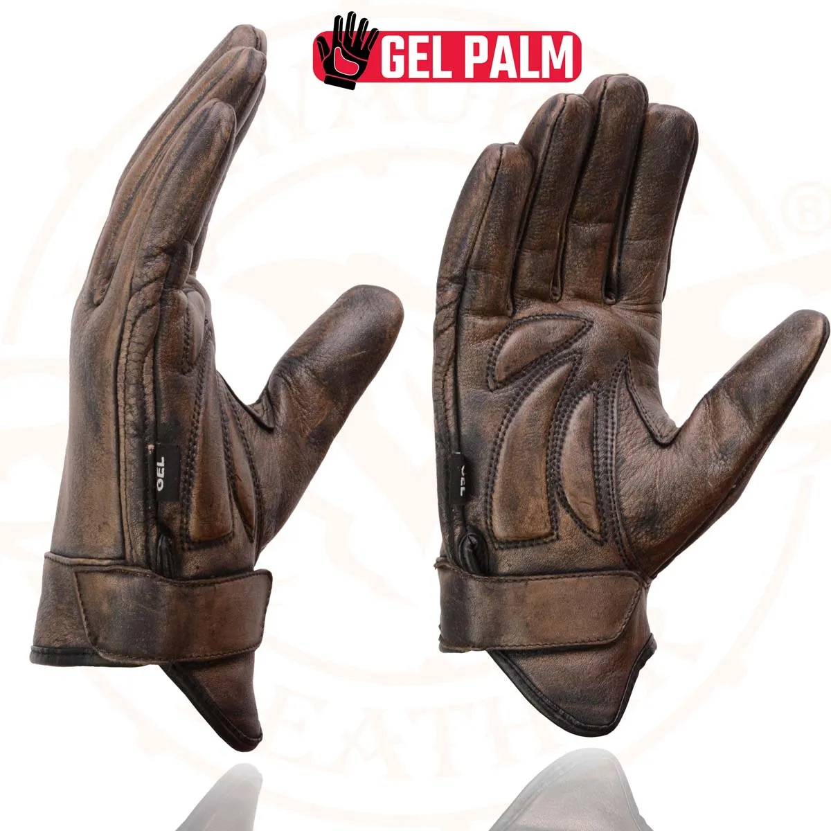 Milwaukee Leather MG7512 Men's Brown Leather Gel Padded Palm Short Wrist Motorcycle Hand Gloves W/ ‘Full Panel Cover’