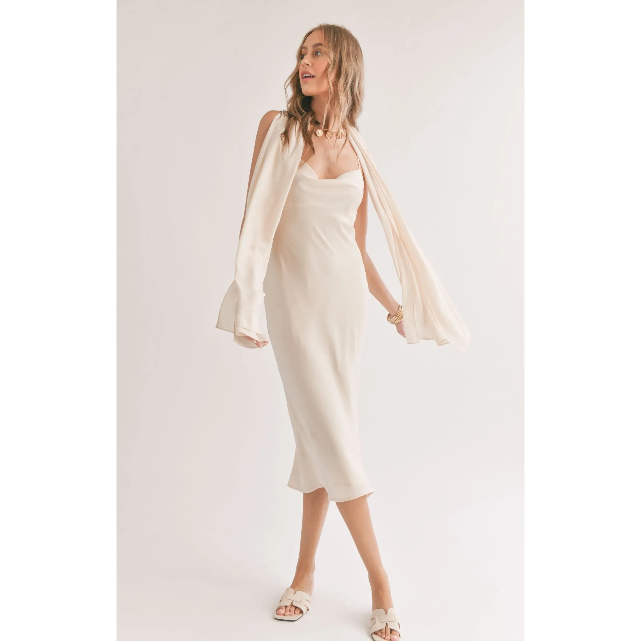 MIRAGE COWL NECK MIDI DRESS WITH SHAWL