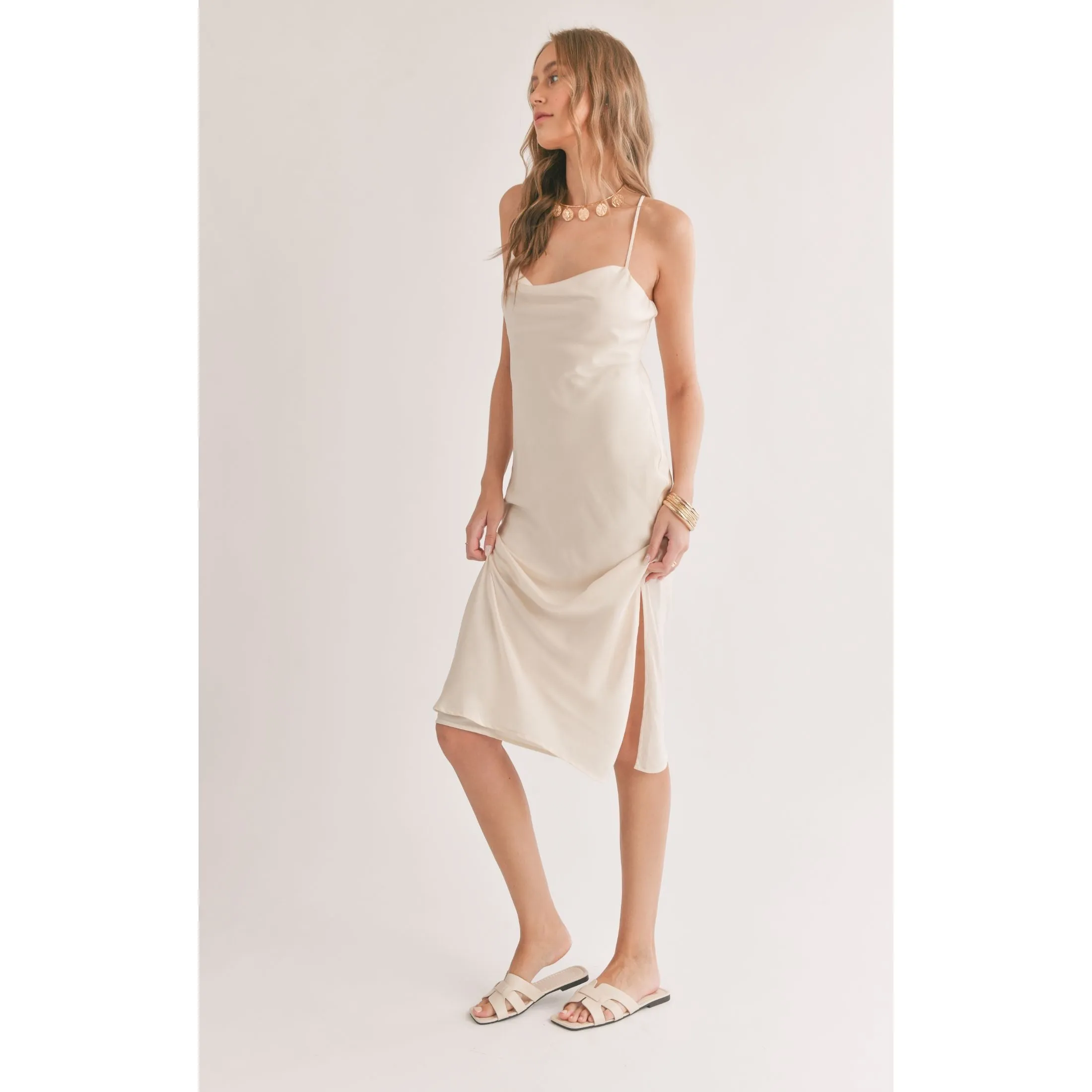 MIRAGE COWL NECK MIDI DRESS WITH SHAWL