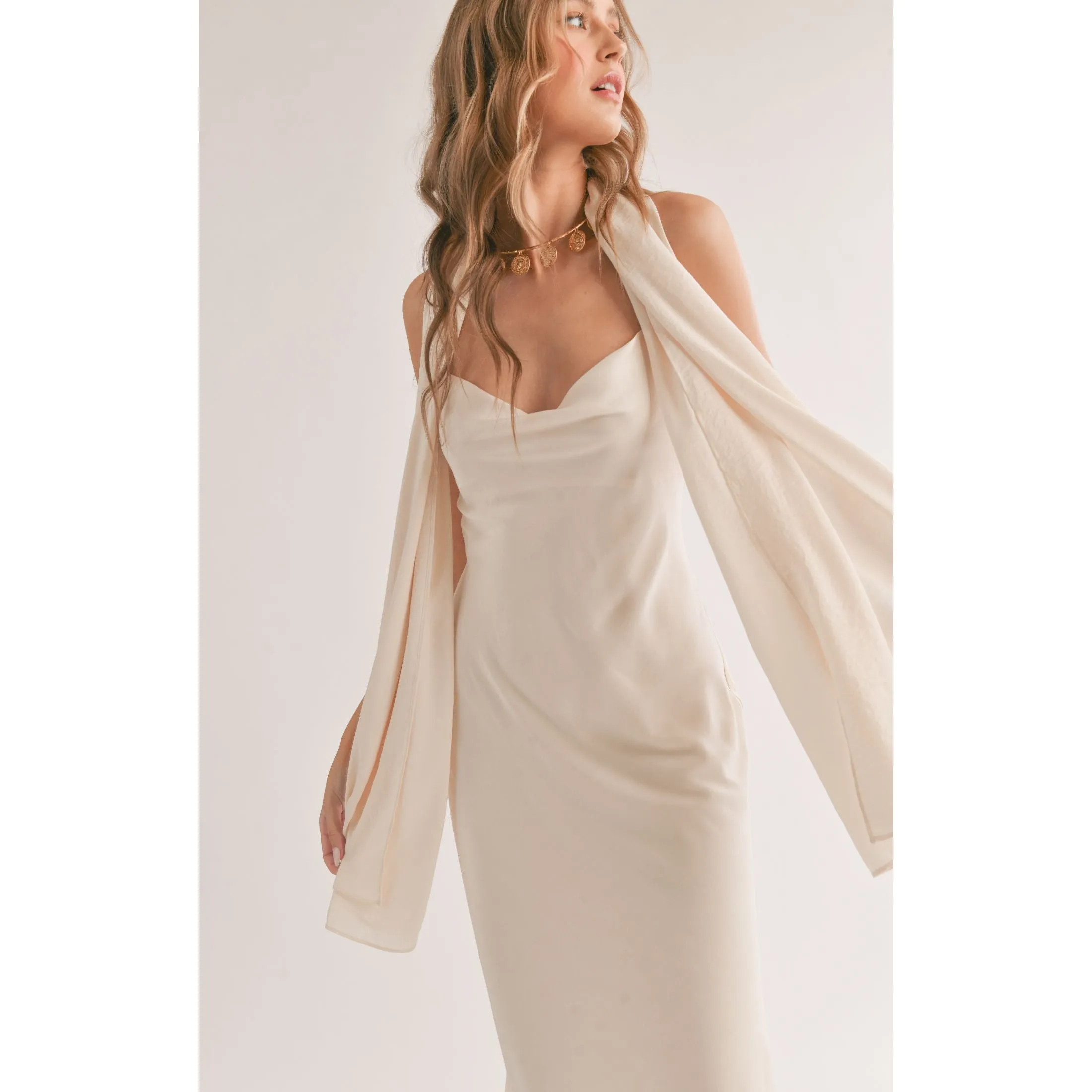 MIRAGE COWL NECK MIDI DRESS WITH SHAWL